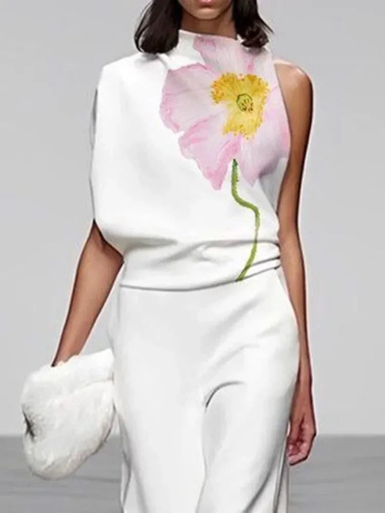 Krisstarsgirls 2025 Women Elegant Floral Printed Suits Sleeveless High Neck Vest Tops & High Waisted Loose Woman Leg Pants Sets