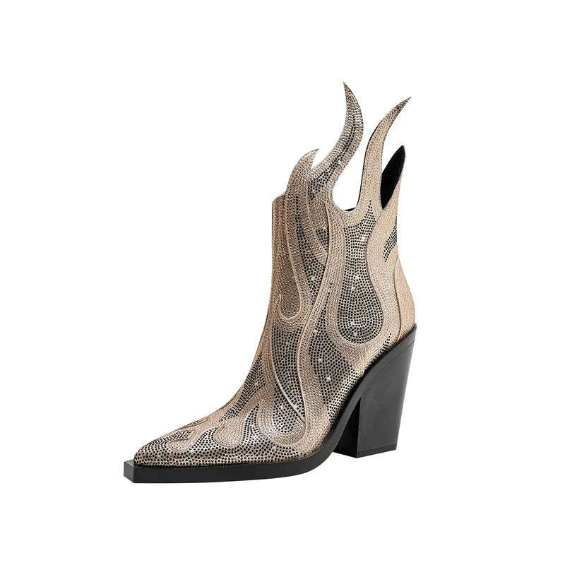 KIMLUD, Women's new spring and autumn pointed fashion show rhinestone high heels, plus size zipper calf fashion boots, KIMLUD Womens Clothes