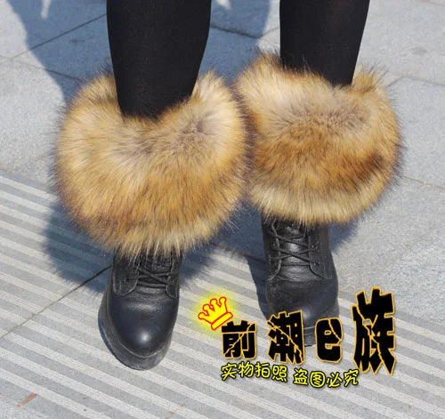 Faux Fur Boots Leg Warmer Cuffs Elastic DIY Accessory — Black | KIMLUD