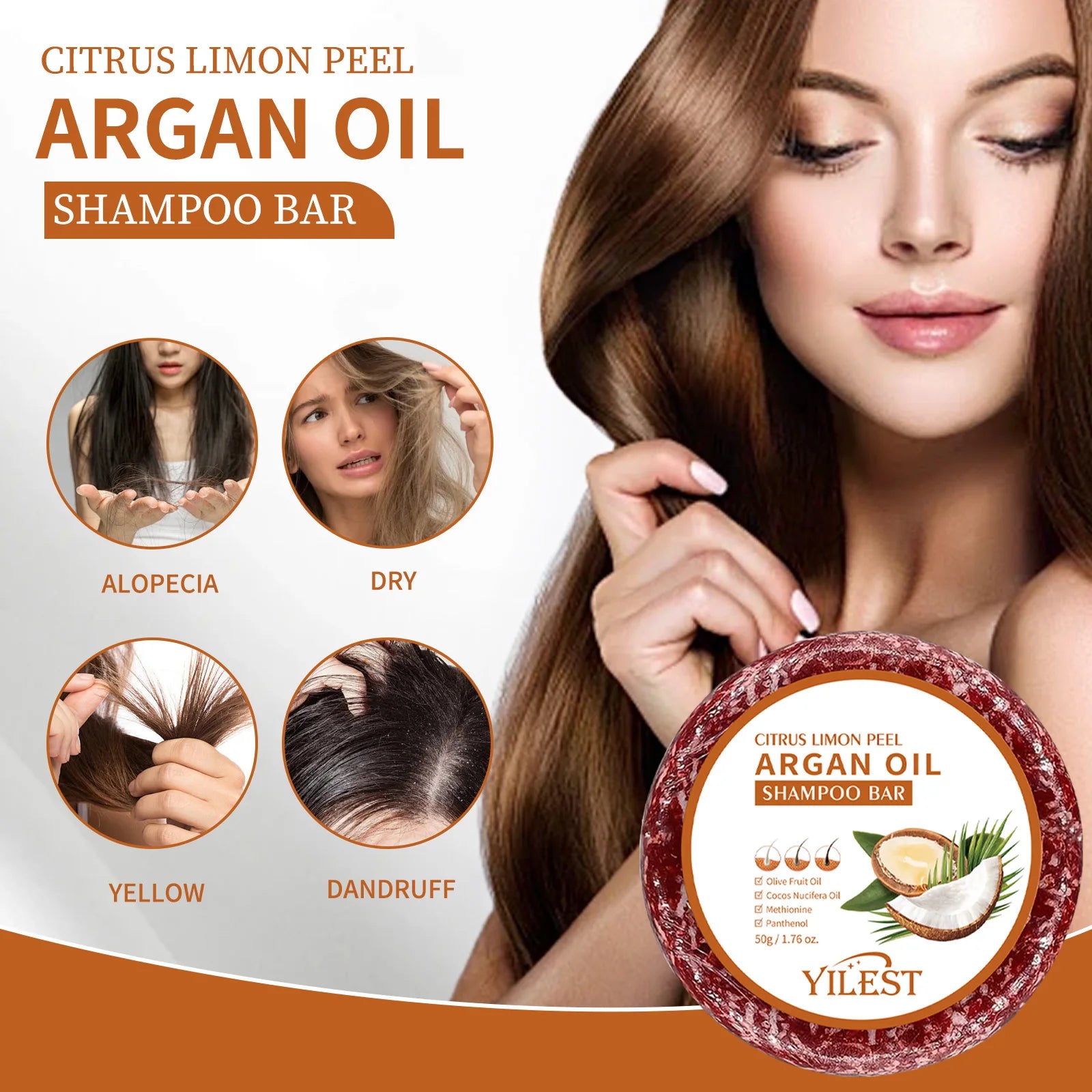 Argan Oil Shampoo Bar For Damaged Frizzy Hair Smooths Scalp, Nourishes Strands — Orange | KIMLUD