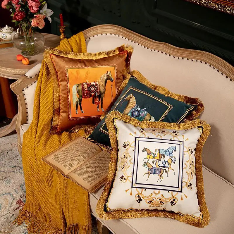 European Retro Horse Printed Pillow Cover Sofa Gold Tassel Pillowcase Velvet Fabric Cushion Cover