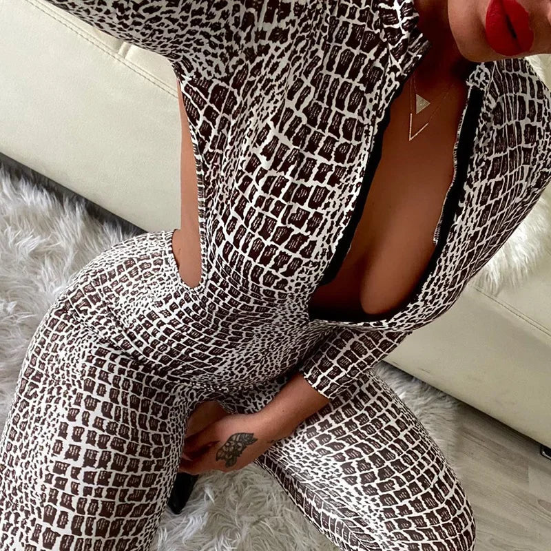 Jumpsuit – Snakeskin Print Backless – Polyester | KIMLUD