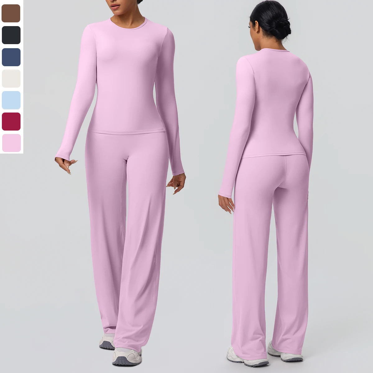 Yoga Set – Slim Long Sleeve Top and Wide Leg Pants – Nylon Elastane | KIMLUD