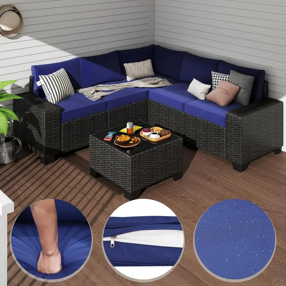 Wicker Patio Set 6-Piece With Wide Armrests — Navy | KIMLUD