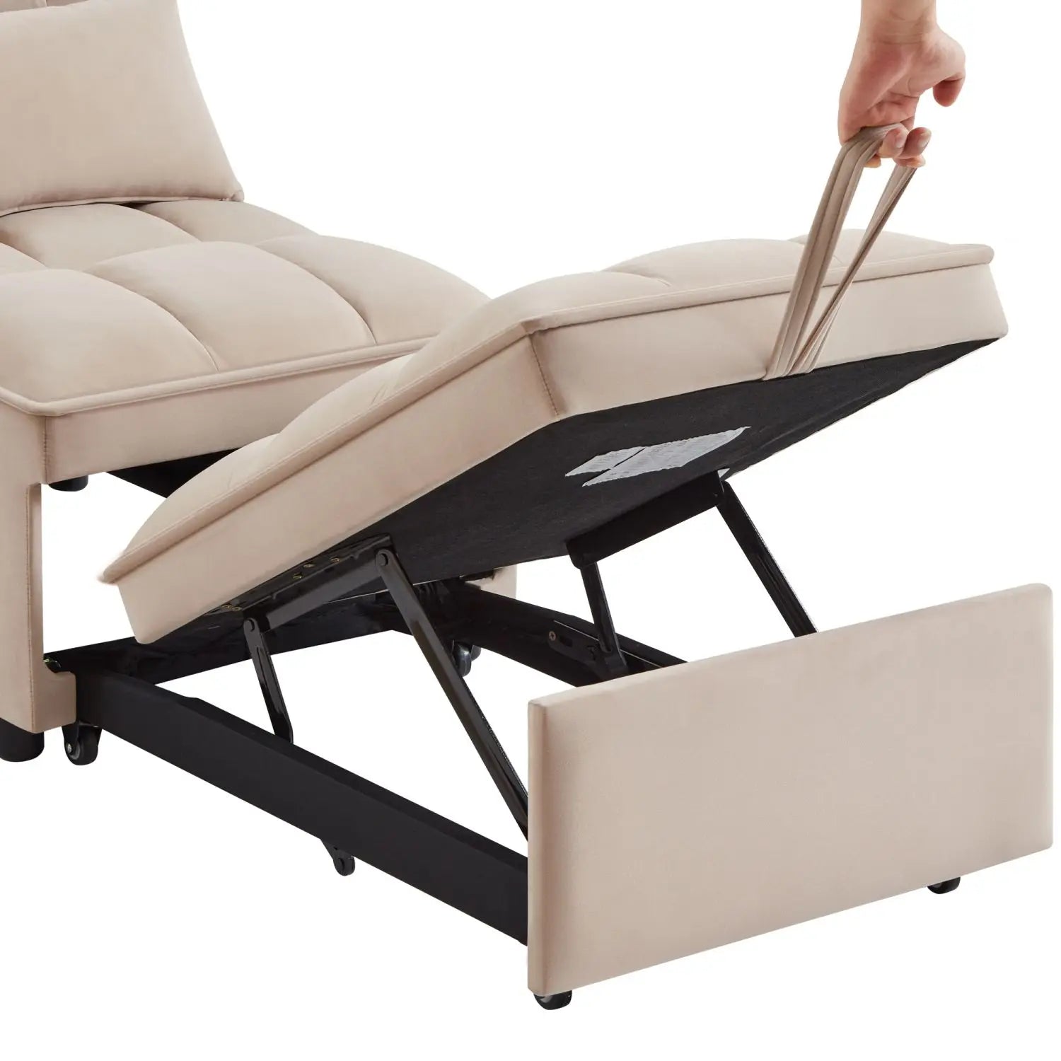 4-in-1 Multi-Function Taupe Convertible Chaise Lounge Adjustable Single Sofa Bed with Pull-Out & Tufted Backrest Storage Pockets