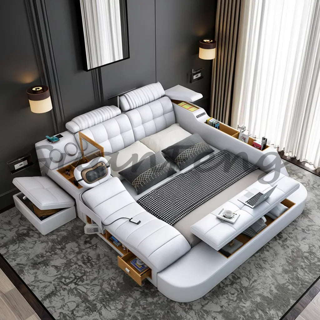 Hotsale Luxury Leather Smart Bed Multifunctional Bed Tatami King Size Platform Upholstered Fabric Soft Bed Storage Music Speaker