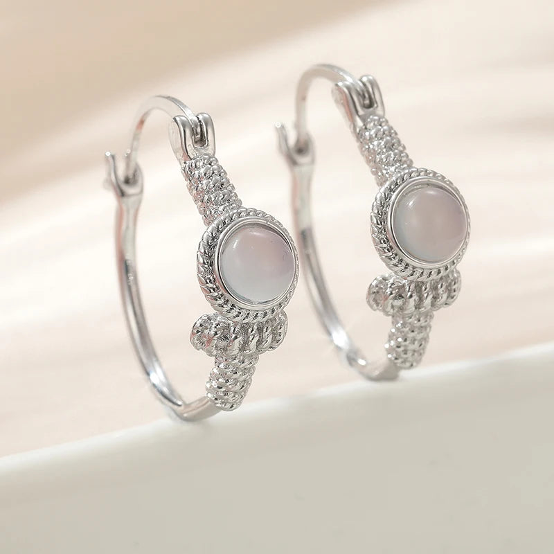 Bohemian Style Vintage Inlaid Synthetic Moonstone Hoop Earrings Women Elegant Silvery Plated Banquet Wedding Jewelry Accessories