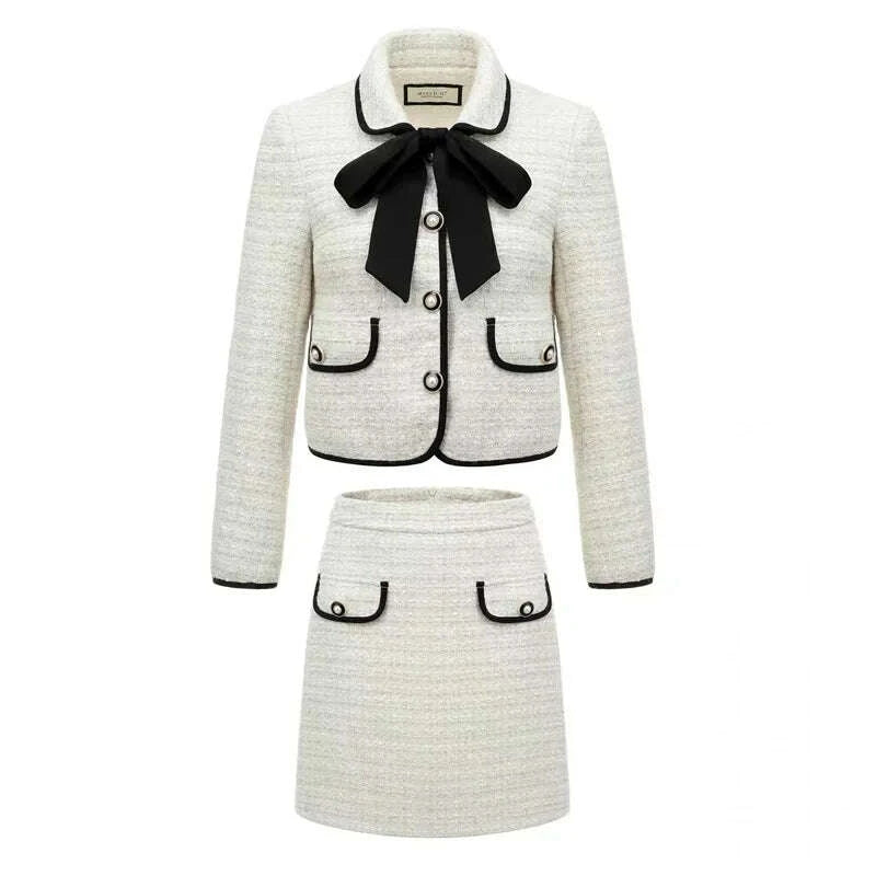 KIMLUD, Vintage Women Tweed White Suit Jacket Coat Top And Skirt Elegant Two Piece Set Outfit 2023 Winter Jacquard Fashion Cloth, KIMLUD Womens Clothes