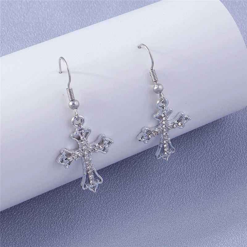 Silver-Tone Cross Earrings Zircon Crystal Dangle — Silver | KIMLUD