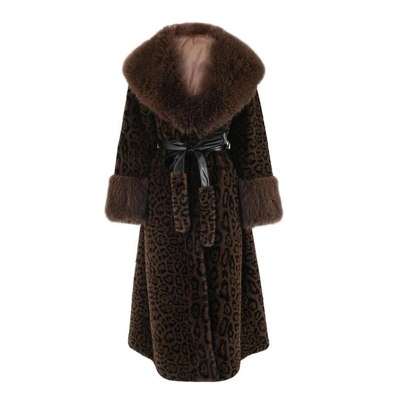 KIMLUD, ZMEENNA Brown Leoppard Print Big Size Long Faux Fur Jacket New Lapel Long Sleeve Women Coat Fashion Autumn Winter 2024 ZM593, KIMLUD Womens Clothes