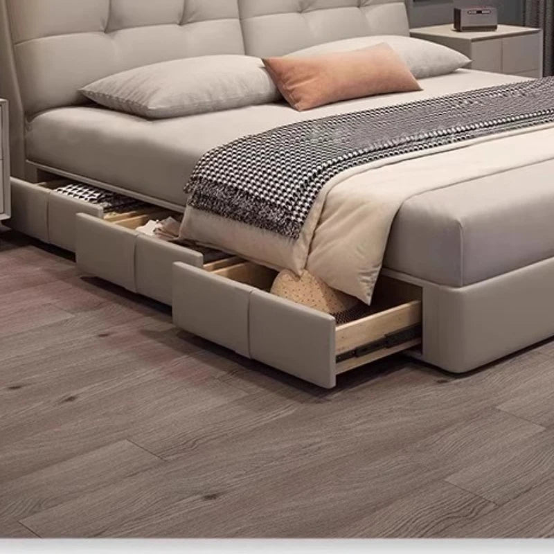 Minimalist Leather Storage Double Bed Modern Frame — Dove Gray | KIMLUD