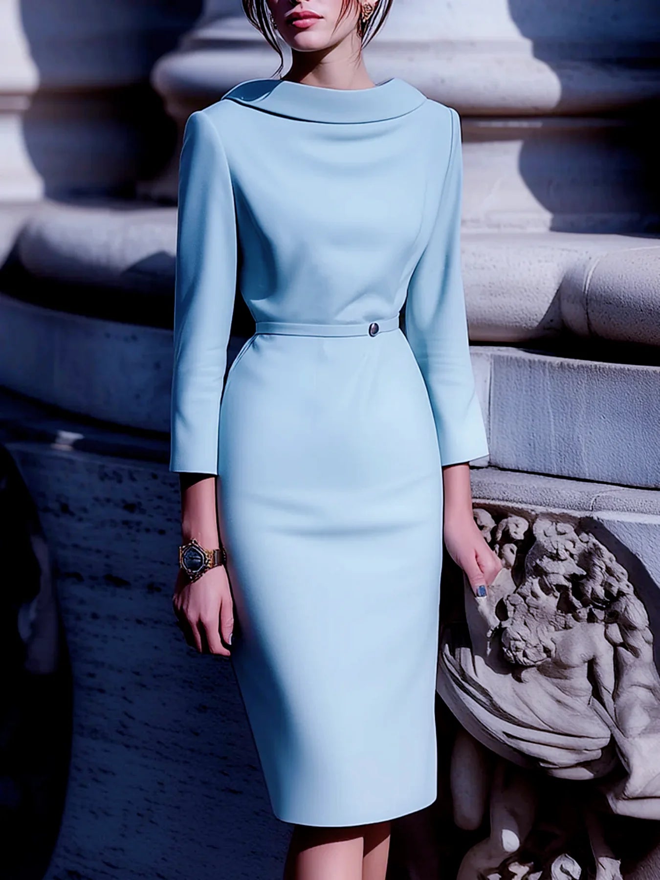 Belted Midi Dress With Turn-Down Collar Mid-Sleeve — Soft Sky Blue | KIMLUD