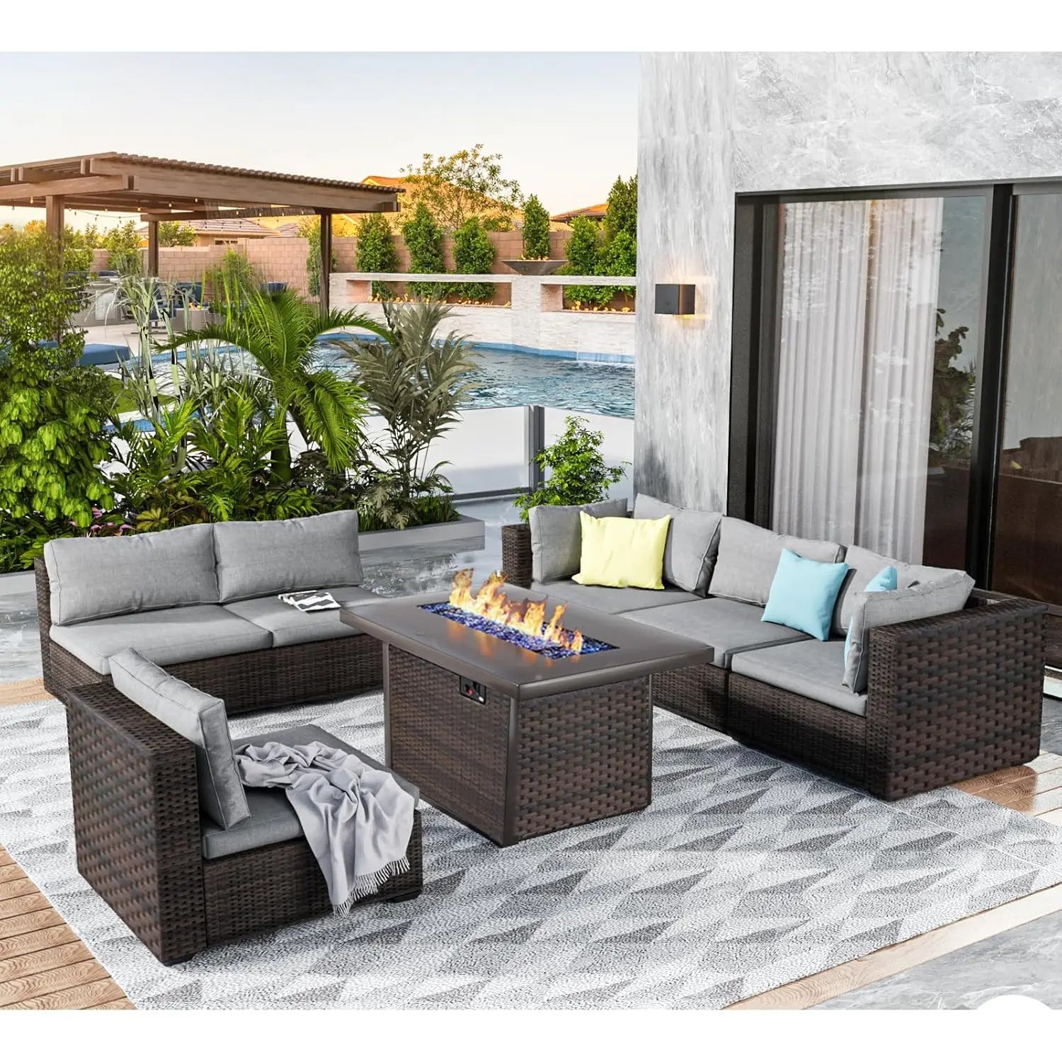 7 Pieces Outdoor Sectional Patio Furniture Set with Fire Pit Table PE Rattan Wicker Patio Sectional Conversation, Customized