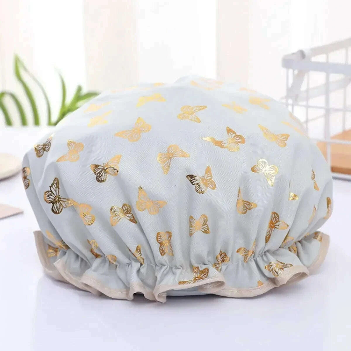 KIMLUD, 【Hot sales】Double Shower Cap Waterproof Hair Cap Hot Gold Printed Terylene Cotton Shower Cap Bathing Women, KIMLUD Womens Clothes