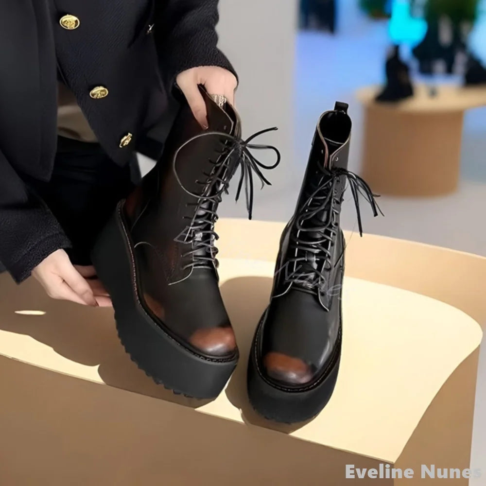 Retro Distressed Motorcycle Boots Women Round Toe Platform Back Zipper Cross Tied Casual Mid Calf Boots Street Style Hottie Boot