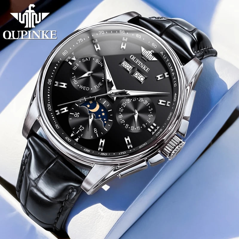Leather Strap Automatic Watch Moon Phase Chronograph — Silver | KIMLUD