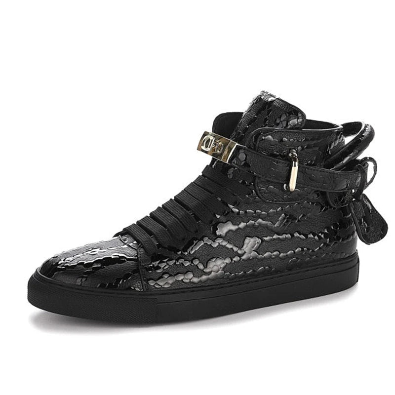 High Top Sneakers – Gold Buckle – Crocodile Pattern Leather | KIMLUD