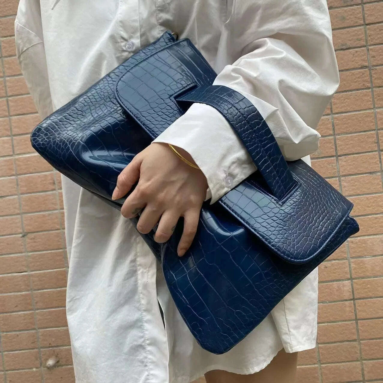 KIMLUD, Fashion New Storage Bag Document Bagluxury Crocodile Pattern Women's Briefcase,large Capacity Solid,ladies Simple Clutch Bag, KIMLUD Womens Clothes