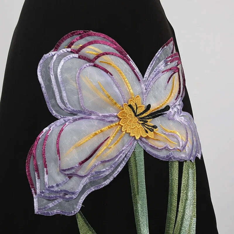 KIMLUD, Women's Temperament Elegant Three Dimensional Flower Skirt Two Piece Set Slit Backless Cropped Top High Waist A-line Skirts Sets, KIMLUD Womens Clothes