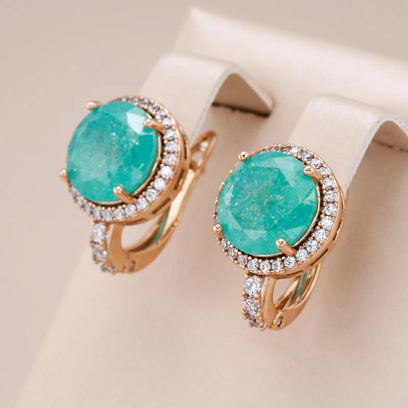 Kinel New Emerald Round Cut Zircon Drop Earrings for Women Luxury 585 Rose Gold Color Wedding Accessories Fine Daily Jewelry