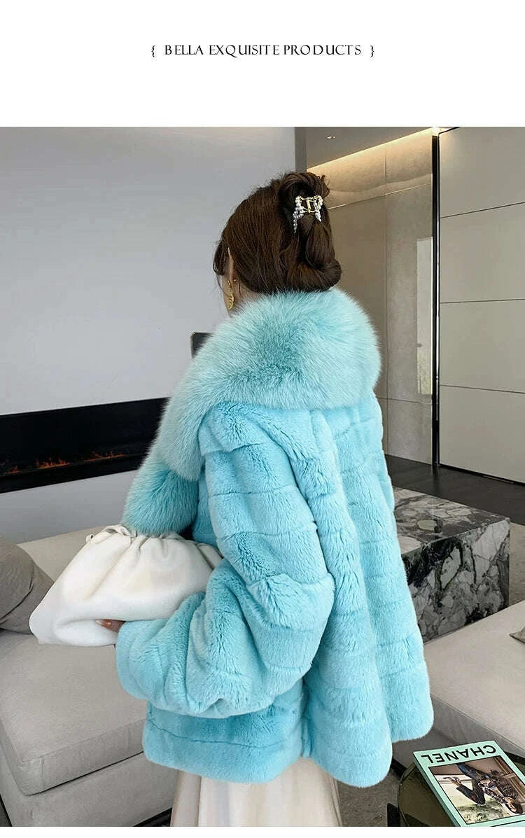 KIMLUD, Winter Women Real Rex Rabbit Fur Coat 100% Natural Fur Jacket with Large Silver Fox Fur Collar Luxury Streetwear, KIMLUD Womens Clothes
