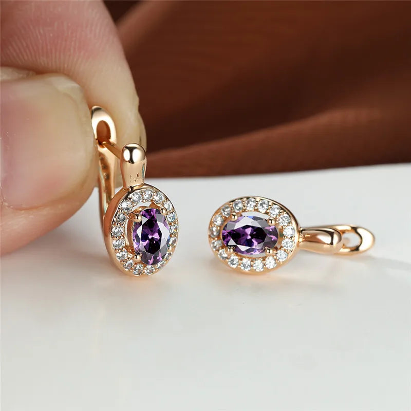 Rose Gold-Tone Stud Earrings Oval Zircon Halo — Sapphire Blue | KIMLUD