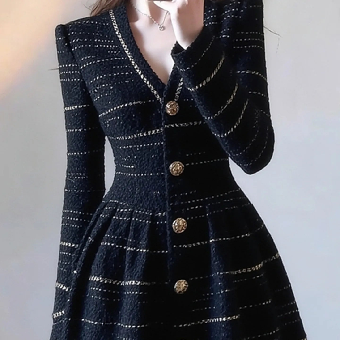 Dresses Knitted A Line Dress Button Polyester Fiber Black | KIMLUD
