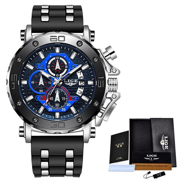 New Top Brand LIGE Mens Watches Fashion Sport Leather Watch Man Luxury Date Waterproof Quartz Chronograph Relogio Masculino+Box