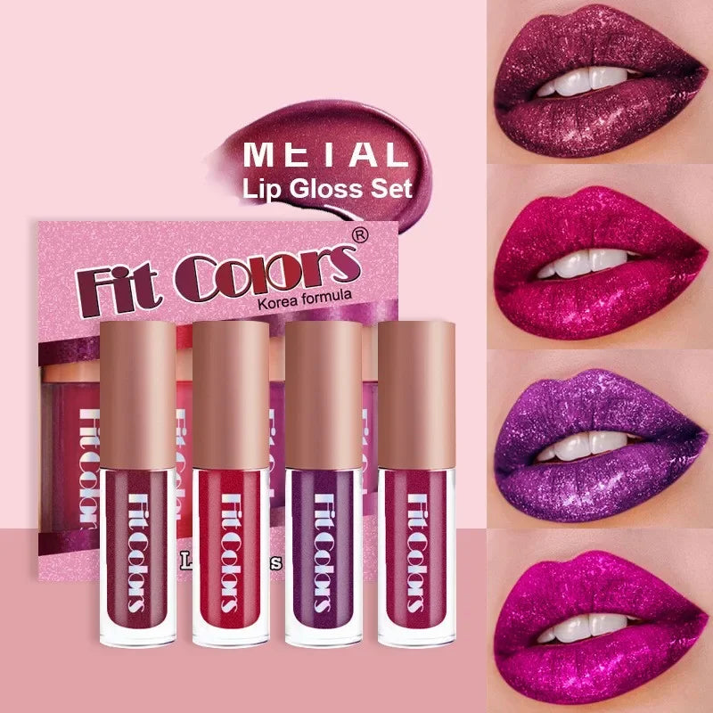 4Pcs/Set Metallic Lip Gloss Pearly Diamond Fine Glitter Matte Moisturizing Waterproof No-stick Cup Lip Glaze Liquid Lipstick Kit
