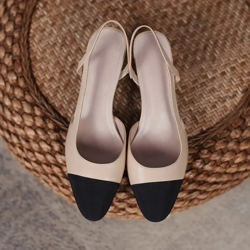 Genuine Leather Slingback Pumps Cap Toe — Beige Nude | KIMLUD