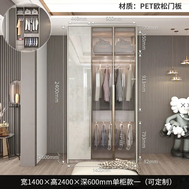 Glass Door Modern Wardrobe With Ample Storage And Brass Hardware — Pale Gray | KIMLUD