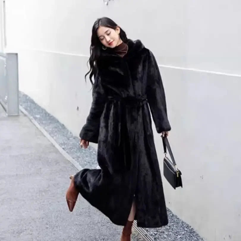 Women Thick Maxi Jacket Y2k Autumn Winter Belt Faux Fur Maxi Coat Long Warm Luxury Belt Fur Black Parkas Bontjas Furry Outerwear