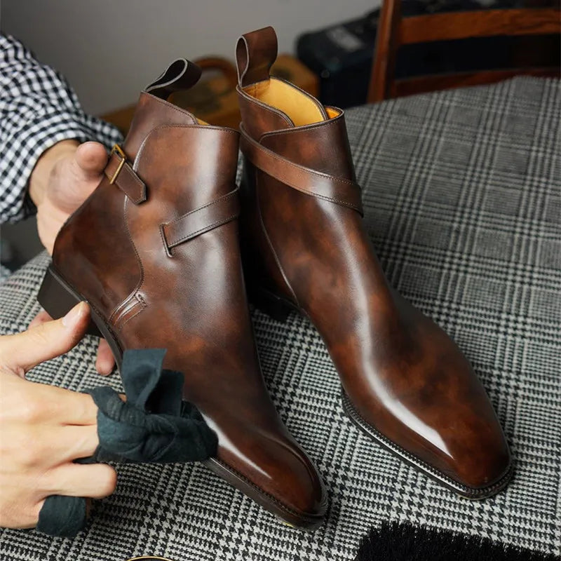 New Brown Short Boots for Men Black Buckle Strap Fashion Ankle Boots Business Square Toe Men Boots