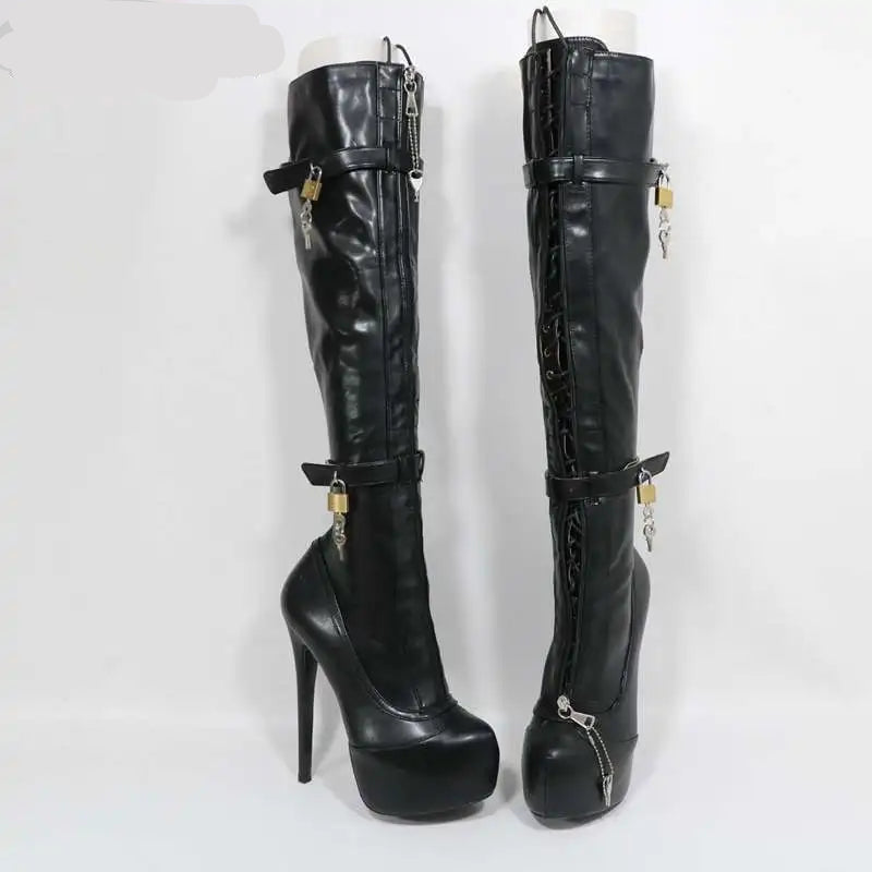 Sorbern Customized Narrow Ankle Knee High Boots Women With Locks Hidden Platform High Heels Stilettos Unisex Style Female Shoes