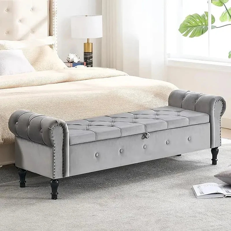 Velvet Tufted Storage Bench, 67" Bedroom End of Bed Bench, King Size with Rolled Arms, Button Ottoman Bench