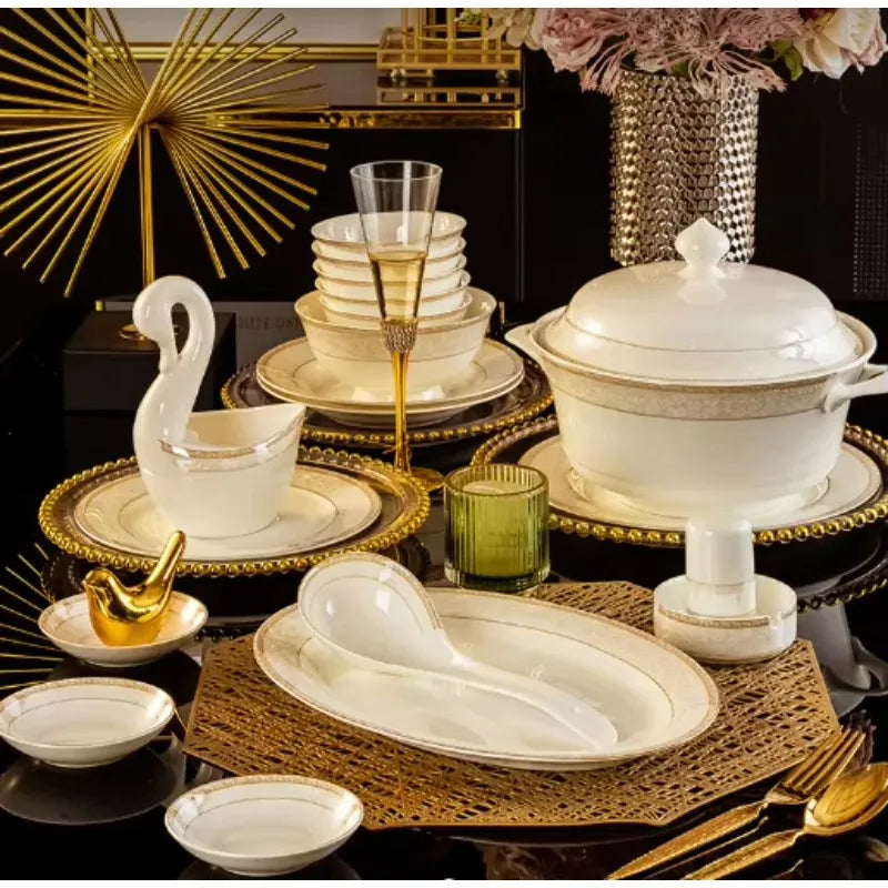 Bone China Tableware Set 60-Piece Hand-Painted Gold — White | KIMLUD