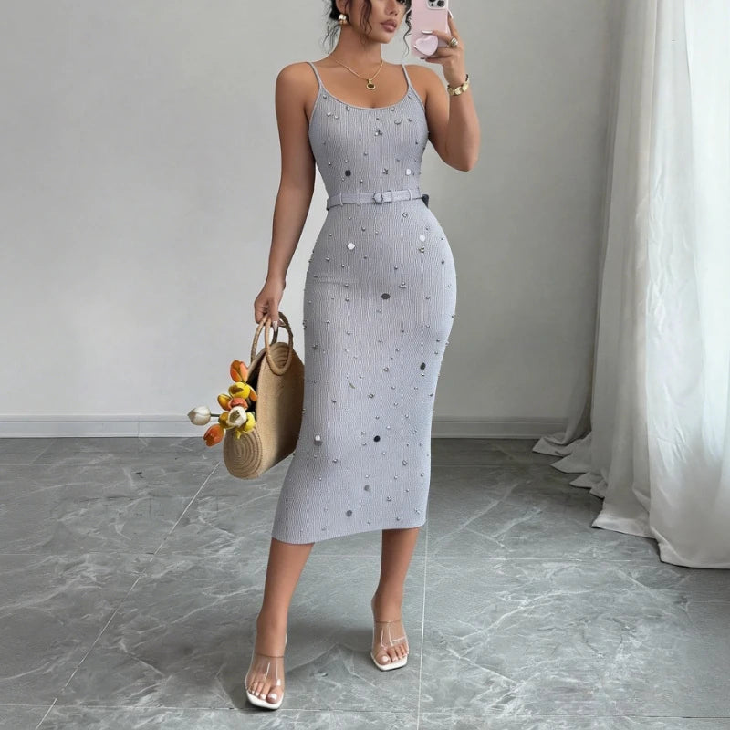 Knit Dot Embellished Bodycon Maxi Dress — Beige | KIMLUD
