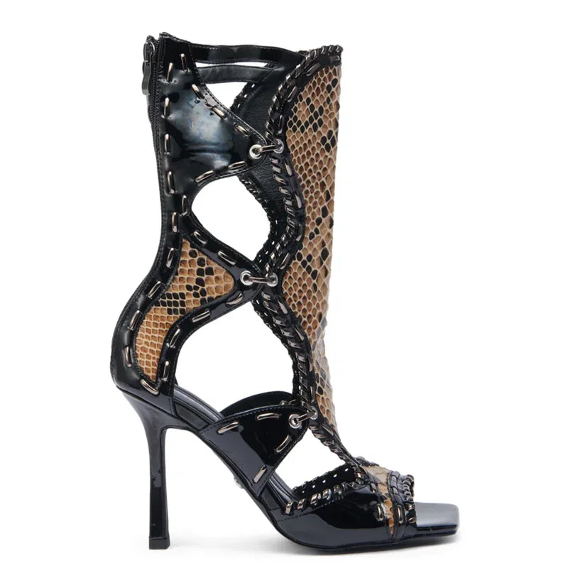 Boots – Patchwork Leather Hollow Out – Square Toe – Zipper Thick Heel | KIMLUD