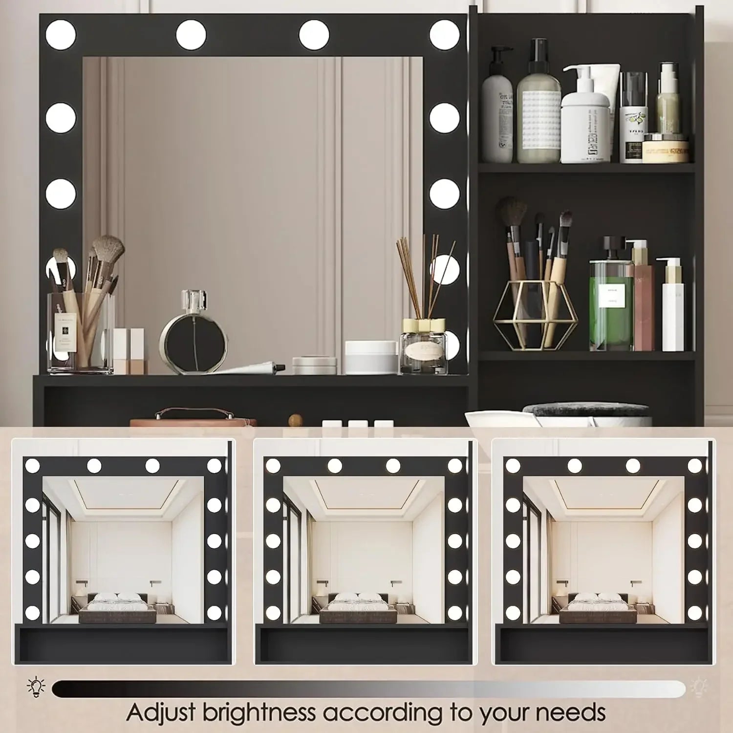 Vanity Desk with Mirror & Light, Large Drawer & Three Level Storage Dresser, Bedroom Dressing Table (Black with Stool)