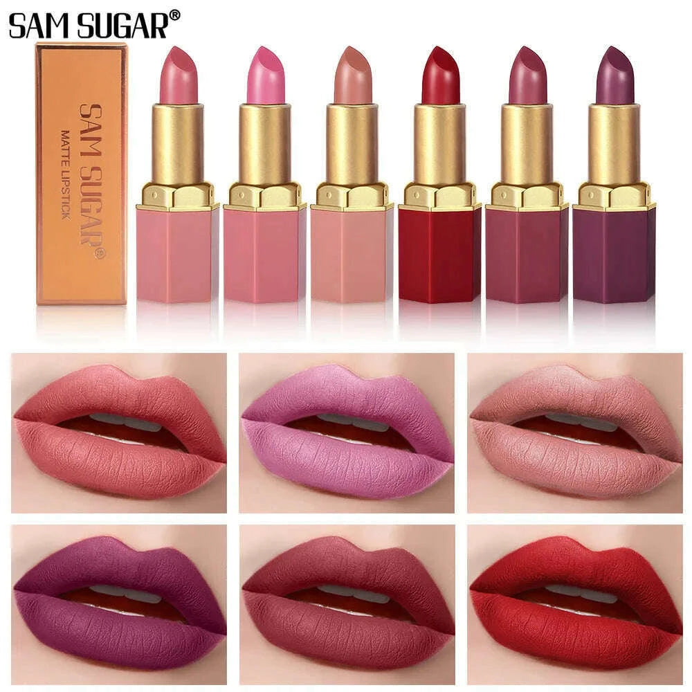 sam-sugar-6-color-matte-lipstick-non-stick-cup-long-lasting-velvet-finish-smooth-matte-lip-color-waterproof-smudge-proof-kimlud-kimlud-33922092