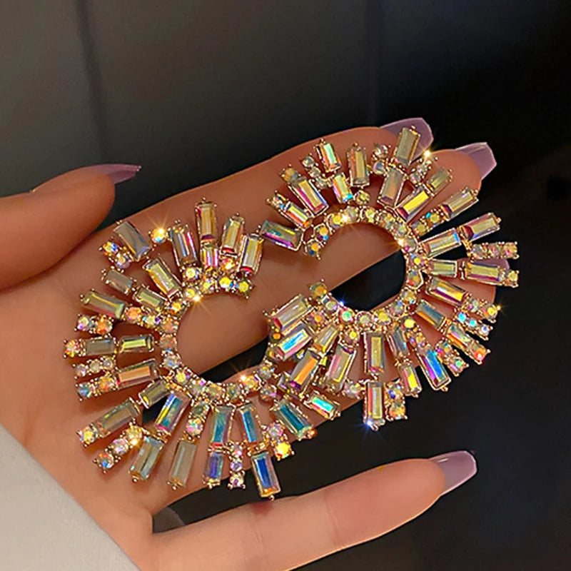 Crystal Statement Earrings Large Circle Flower Rhinestone — Crystal | KIMLUD