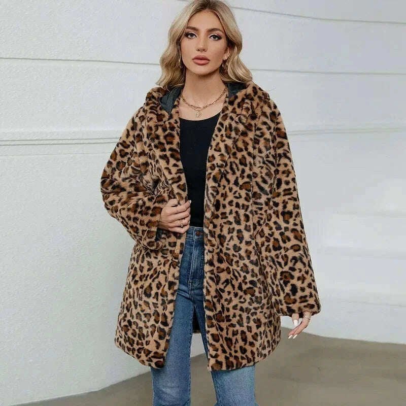 KIMLUD, ZXRYXGS 2025 New Fashion Autumn Winter Coats Loose Medium Length Jackets Leopard Print Imitation Fur Coat Women's Clothing Tide, KIMLUD Womens Clothes