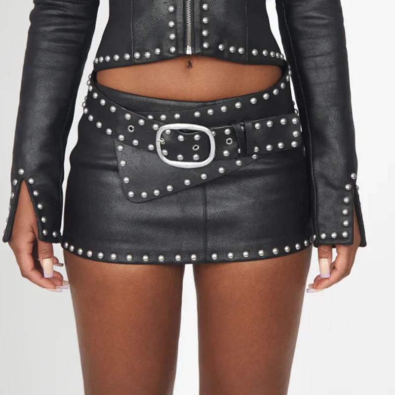 Rivet Decorative Jacket Mini Skirts Suit Women Fashion Y2K O-neck Zipper Slim Fit Tops High Waist Waist Belt Skirt Set Lady Sets