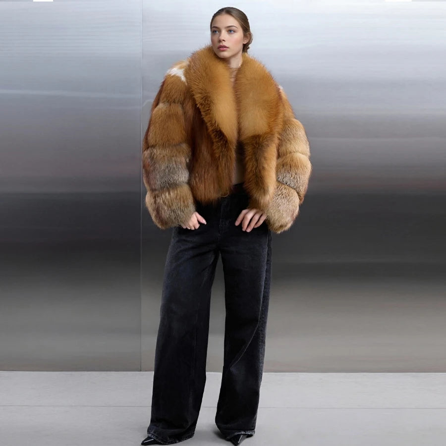 Real Red Fox Fluffy Women’s Jacket Short Cropped Fox Fur Jacket With Lapel Genuine Fur Outerwear Hot Selling Bolero Jacket