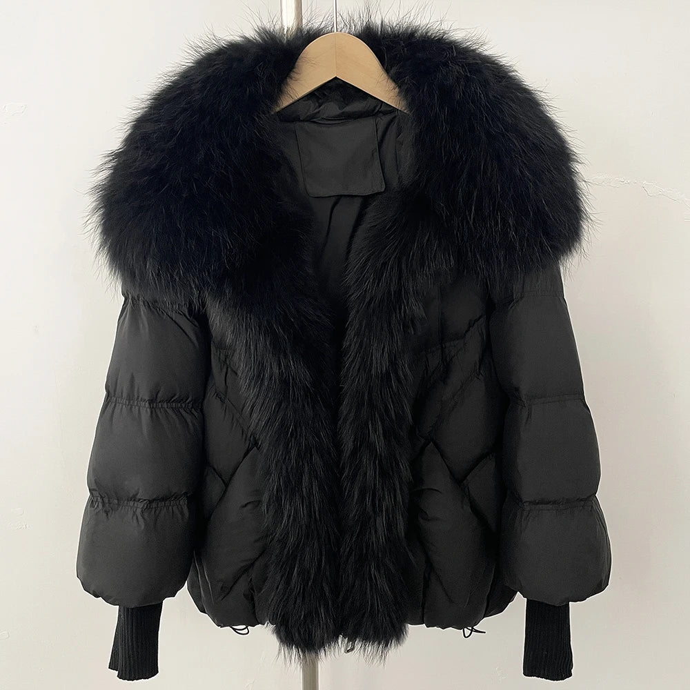 OFTBUY Large Real Raccoon Fur Jacket Knit Sleeve Real Fur New Winter Puffer Jacket Women White Duck Down Coat Oversized Feather