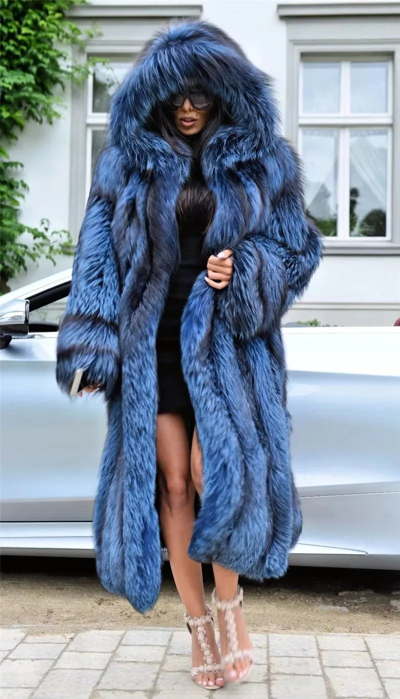 Fox Fur Coat – Hooded Full Pelt – Real Fox Fur X-Long | KIMLUD