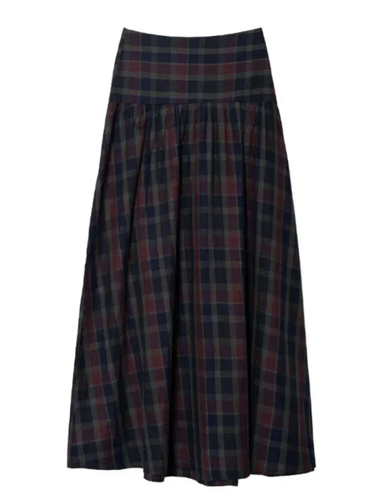 KIMLUD, Casual Lace Up Pleated Checkered Set Women Elegant Full Lantern Sleeve Coat Long Skirt Sets Lady Daily Commute Office outfits, KIMLUD Womens Clothes