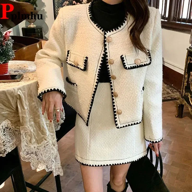 KIMLUD, Vintage Skirts Two Piece Sets Mini Faldas Outfits Korean Fashion Fall Winter Oversize Suits Womens Tweed Jackets Conjuntos, KIMLUD Womens Clothes