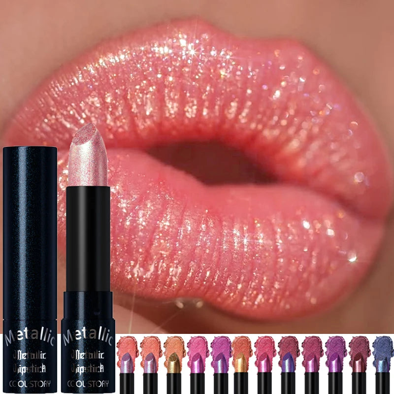 Diamond Pink Lipstick Metallic Glitter Lipstick Waterproof Shiny Pearlescent Dark Blue Red Matte Lip Gloss Halloween Lips Makeup