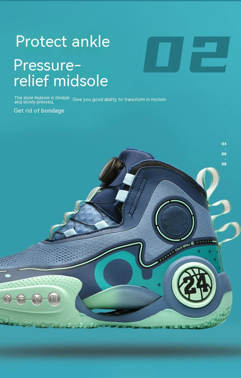 Rotary button shock-absorbing anti-slip wear-resistant sports shoes youth sports students high top basketball shoes male